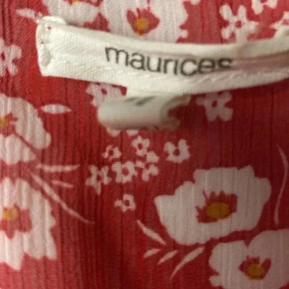 MAURICES WO SIZE XXL RED FLORAL OPEN FRONT SUSTER OVER SHIRT RED CROCHET TRIM - Picture 6 of 11